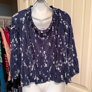 LC Lauren Conrad Navy Blue Floral Pleated Peasant Blouse
